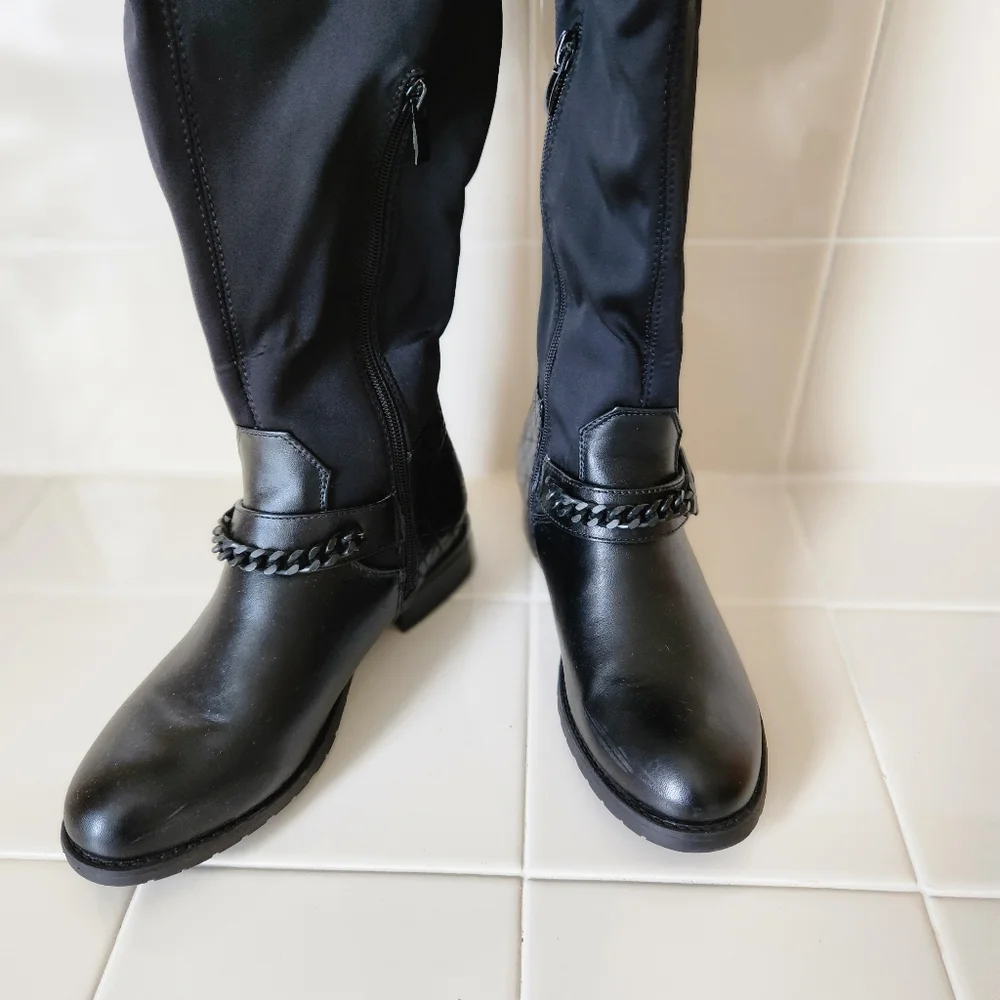 Atalina Black Chain Harness Knee High Riding Boots - Stretch Back Size 6.5